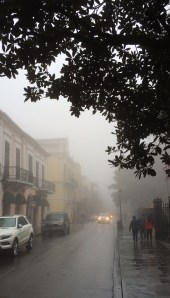 Fog shrouds Royal Street on Sunday morning.